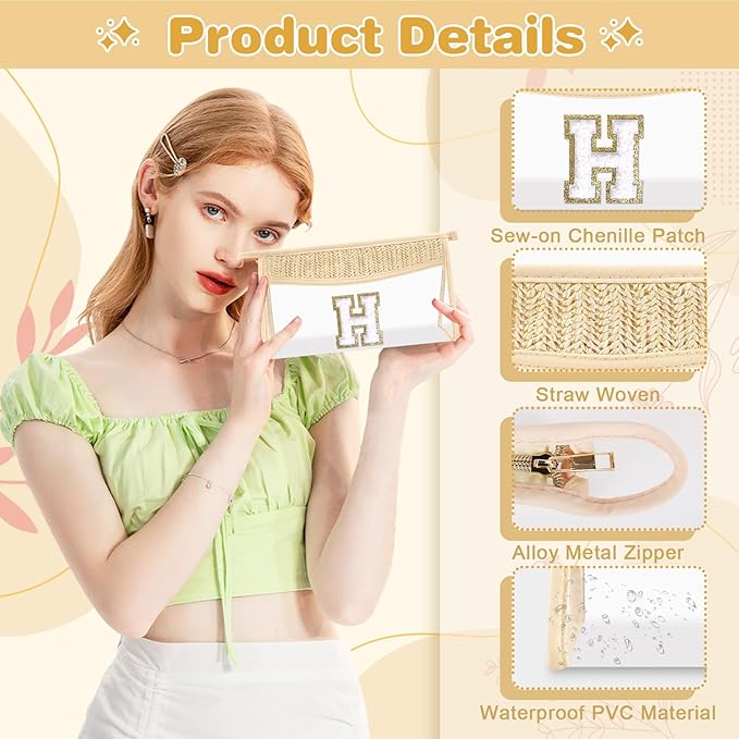 Personalized Initial Letter Bag Boho Straw Clear Makeup Bag,Small Cute Chenille Varsity Letter Pouch With Zipper,Beach Travel Toiletry,Portable Monogrammed Cosmetic Bag for Women Girls,H