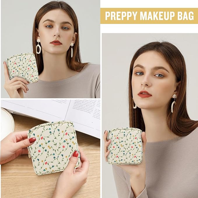 Nylon Mini Floral Makeup Bag for Purse, Small Cute Makeup Bag Preppy Cosmetic Zipper Pouch, Waterproof Travel Set Coin Pouch Sanitary Napkin Storage Bag Makeup Organizer for Women(Light Yellow-Flower)