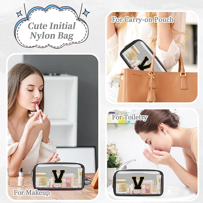 Small Clear Personalized Initial Makeup Bag, Preppy Nylon A-Z Chenille Letter Patch Makeup Organizer TSA Approved Travel Toiletry Bag,Waterproof Zip Beach Cosmetic Pouch Purse for Women(Black-Black V)