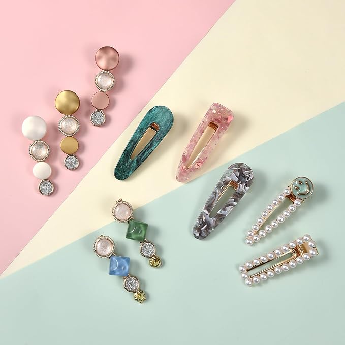 Mehayi 20 PCS Pearls and Acrylic Resin Hair Clips, Handmade Hair Barrettes, Marble Alligator bobby pins, Glitter Crystal Geometric Hairpin, Elegant Gold Hair Accessories, Gifts for Women Girls
