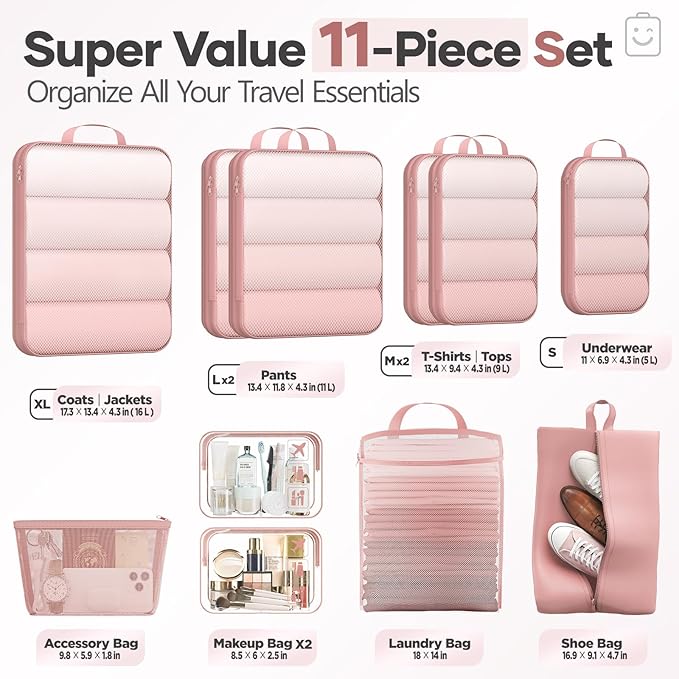 Veken 11 Set Compression Packing Cubes for Travel Essentials,Compressible Expandable Large Luggage Suitcase Organizer Bags for Clothing,Durable Space Saver Storage Bags with Toiletry Bags(Pink)