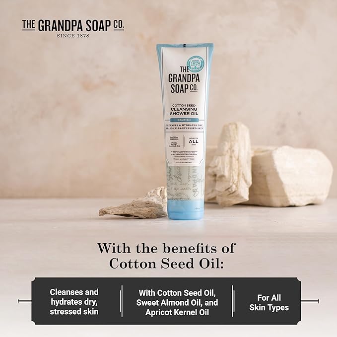 The Grandpa Soap Company Cotton Seed Cleansing Shower Oil - Hydrates Dry Seasonally-Stressed Skin, Nourishing and Moisturizing, With Cotton Seed Oil and Sweet Almond Oil, 9.5 Fl Oz., 2 Pack