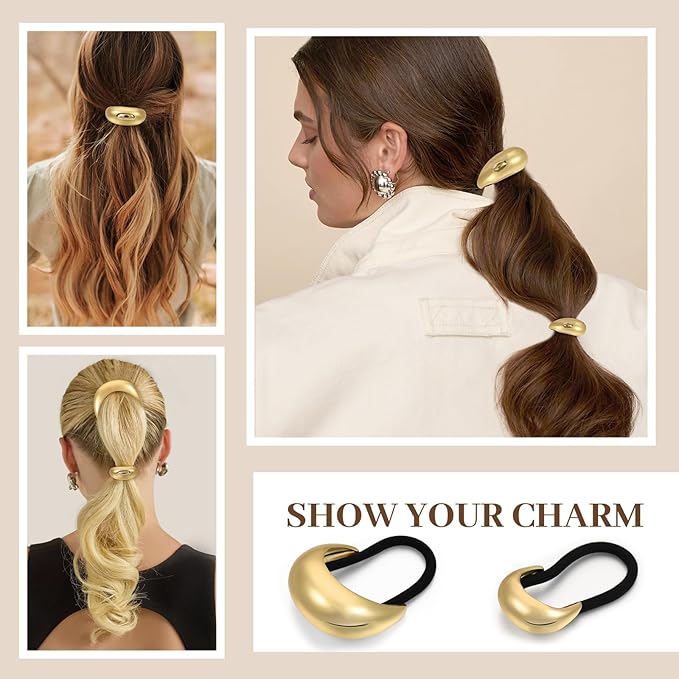 2PCS Gold Hair Ties for Women - Metal Hair Accessories for Thick Hair, Elegant and Durable Geometric Design, Ponytail Cuffs Stretchy Non-Damage Holiday Christmas Gifts