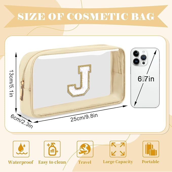 Personalized Initial Letter Clear Makeup Bag,Preppy Small Nylon&PVC Cosmetic Zipper Bag with Chenille Letter,Portable Beach Travel Skincare Toiletry Bag,Trendy Monogram Gift for Teen Girls Women,J