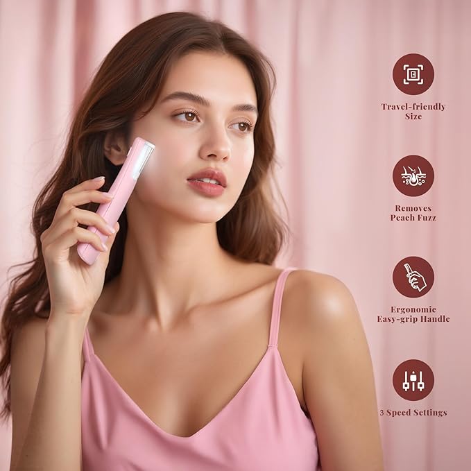 Sonic Dermaplaning Tool for Women, Rechargeable Face Dermaplane Razor Sonic Edge Technology for Facial Hair, Exfoliating and Peach Fuzz, 10 Refill Blades Pink