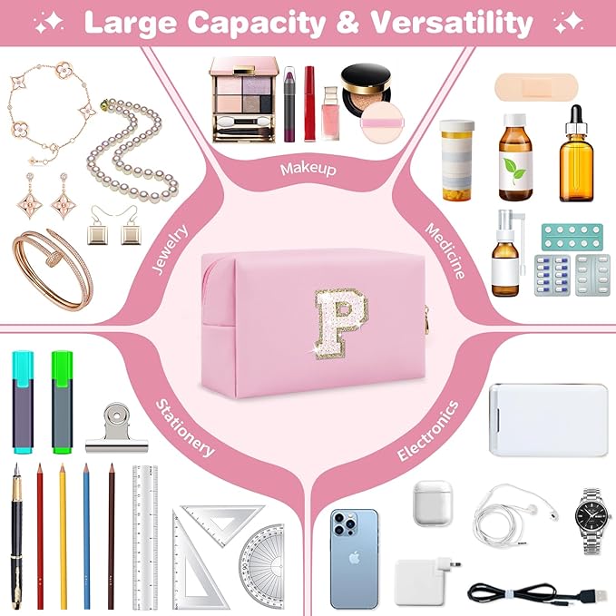 Small Personalized Initial A-Z Patch Makeup Bag,Pink Cute PU Leather Glitter Letter Cosmetic Bag for Teen Girls,Travel Toiletry Bag with Zipper,Preppy Monogrammed Birthday Gift for Daughter Niece P