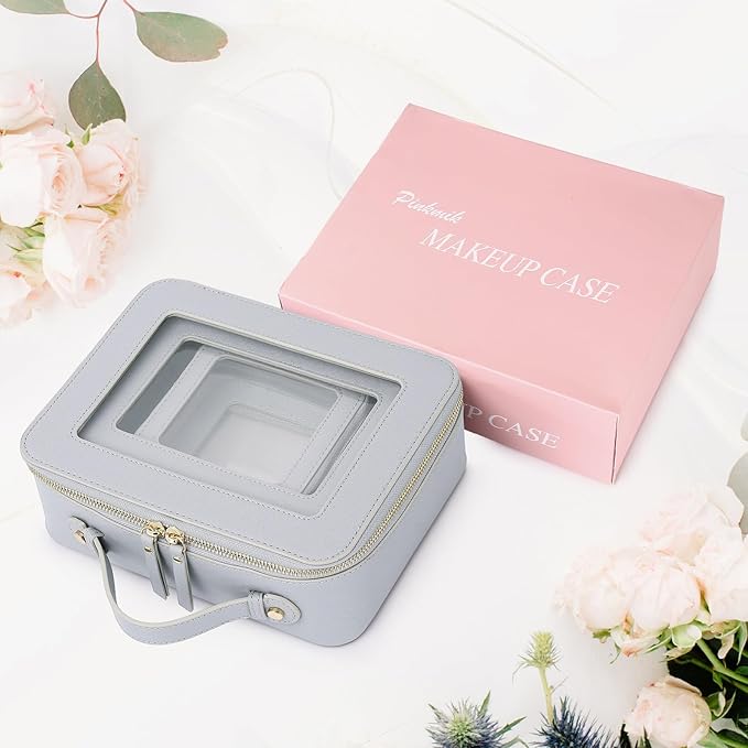 Pinkmik Clear Makeup Bag Waterproof Travel Case for Cosmetics and Toiletries Women's Purse Organizer and Clear Car Bag with Zipper (Gray, L+M+MINI)