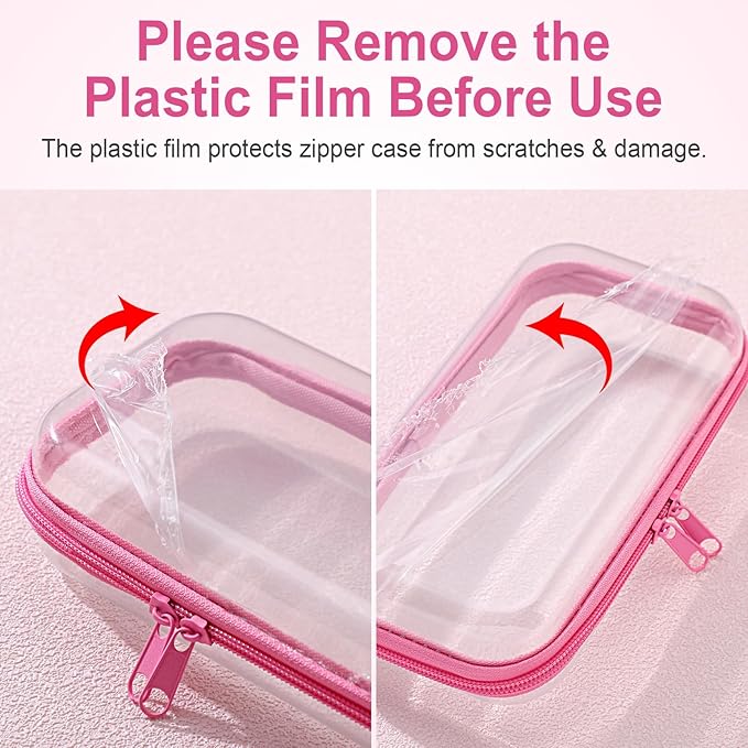Hoolerry 4 Pcs Hard Clear Zipper Case Makeup Bags Plastic Pencil Pouch Transparent Storage Box Containers for Cosmetics, Snacks, Building Blocks, Puzzles(Pink,7.5 x 3.9 x 2 in)