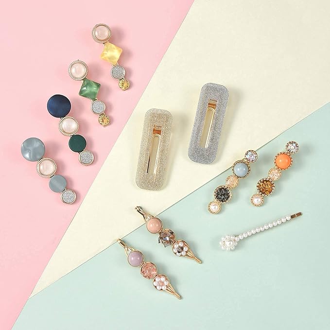 Mehayi 20 PCS Macaron Pearls and Acrylic Resin Hair Clips, Handmade Cute Hair Barrettes Bobby Pins, Glitter Crystal Geometric Hairpin, Elegant Gold Hair Accessories, Gifts for Women Girls…