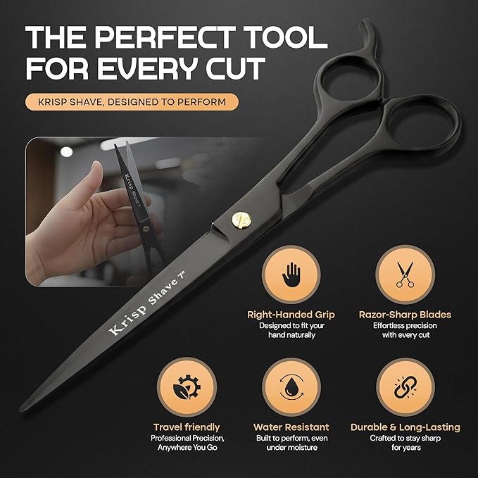 Professional Hair Cutting Scissors - Krisp Shave Japanese Stainless Steel Salon Barber Scissor (7 Inch) - Shears for Men's Beard Mustache Women Kids Pets Haircut All Purpose Shear, KSP-786