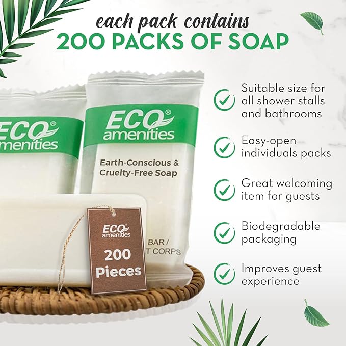 ECO amenities Travel Soap Bar - 0.5 oz, 200-Count, Green Tea Scent - Travel Essentials & Mini Soap Bars - Individually Wrapped - Hotel Toiletry Kit