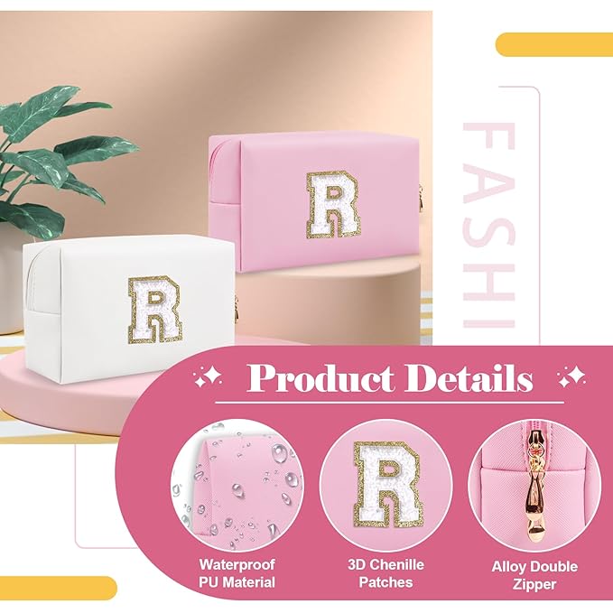 Personalized Initial A-Z Preppy Patch Makeup Bag,Small PU Chenille Letter Cosmetic Bag with Zipper for Teen Girls,Pink Cute Toiletry Organizer Bag,Monogram Makeup Case Gift for Women Girls,Letter R
