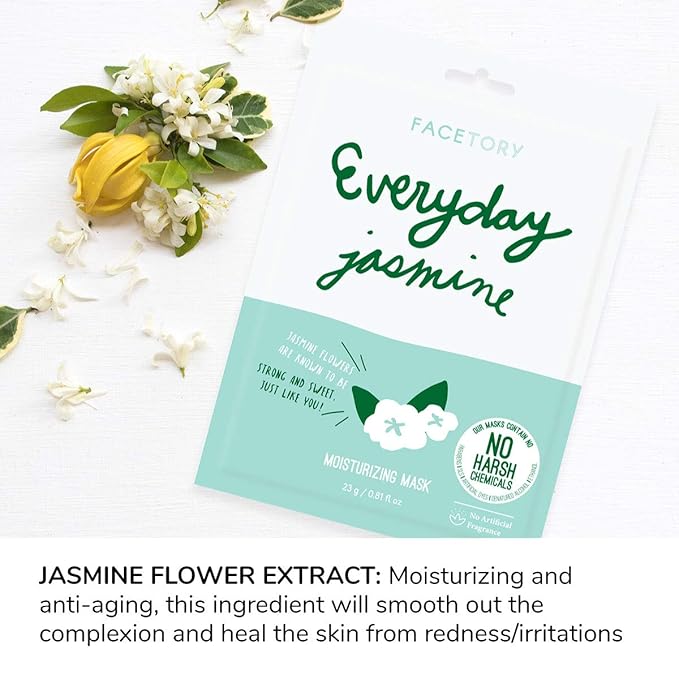 FACETORY K Beauty Face Mask Skin Care - Everyday JASMINE Moisturizing Sheet Mask | Plant-Based with Jasmine Infusion (5 Pack)