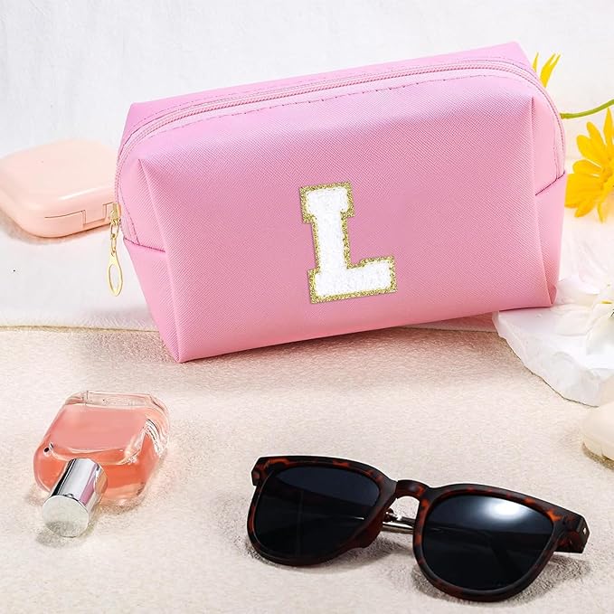 Initial Makeup Bag for Women Travel Small PU Leather Cosmetic Bag Cute Pink Personalized Preppy Chenille Letter Makeup Pouch for Purse Zippered Toiletry Organizer Makeup Case Ideal Gift（L）