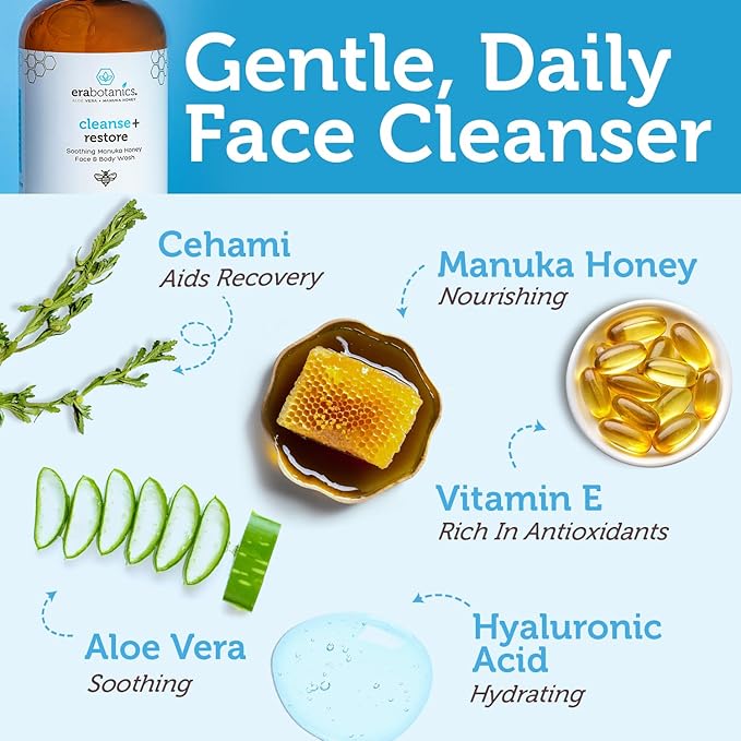 Era Organics Manuka Honey Face Wash for Sensitive Skin - Sulfate Free Gentle Cleanser with Organic Aloe Vera, Hyaluronic Acid & More - Soothing & Moisturizing for Dry Skin - Made in USA (8 oz)