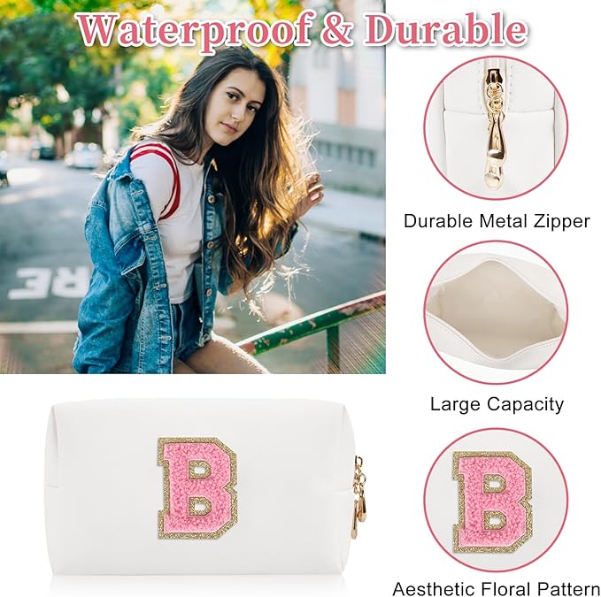 Personalized Initial Letter Patch Makeup Bag, Preppy Portable Chenille Letter Cosmetic Bag with Zipper, PU Leather Waterproof Travel Toiletry Bag Monogram Make Up Pouch for Women Girls(Letter B)
