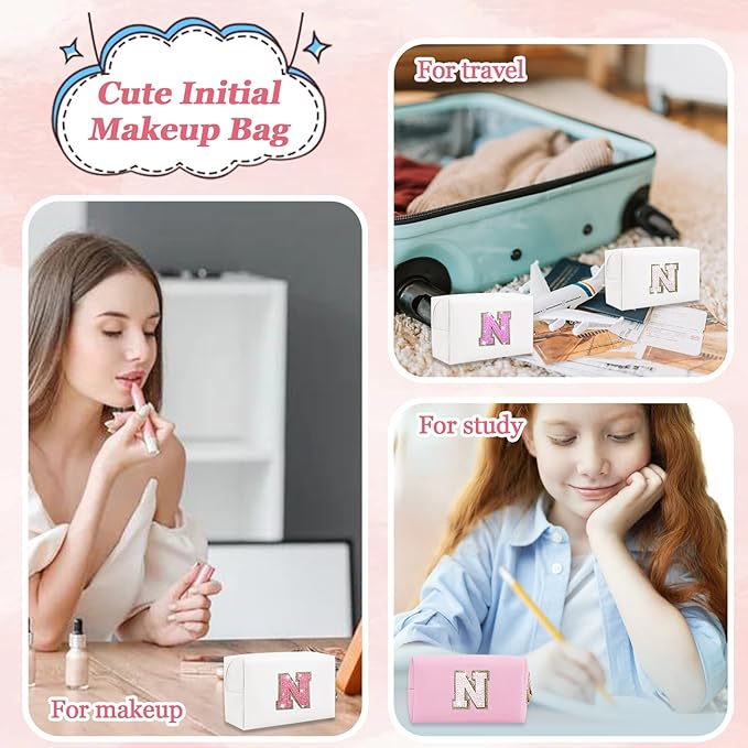Personalized Initial Letter Makeup Bag, Small Glitter Letter Patch Cosmetic Pouch Zipper, Preppy Makeup Organizer PU Waterproof Travel Toiletry Bag, Monogrammed Birthday Gift for Women Girls