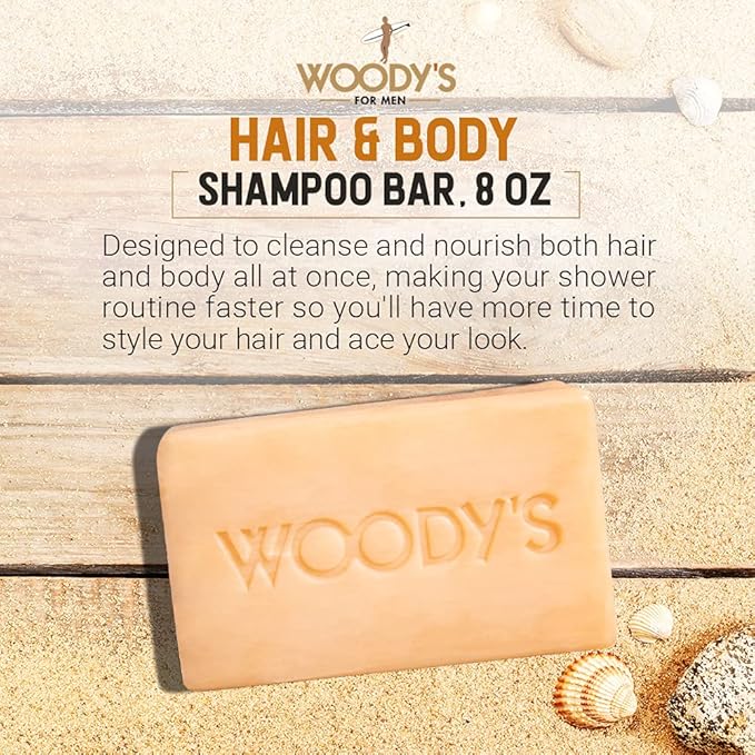 Woody's Men's 2-in-1 Hair & Body Shampoo Bar, Rich, Thick Lather Formula, Conditions, Nourishes, Moisturizes, For All Skin Types, 8 Oz.