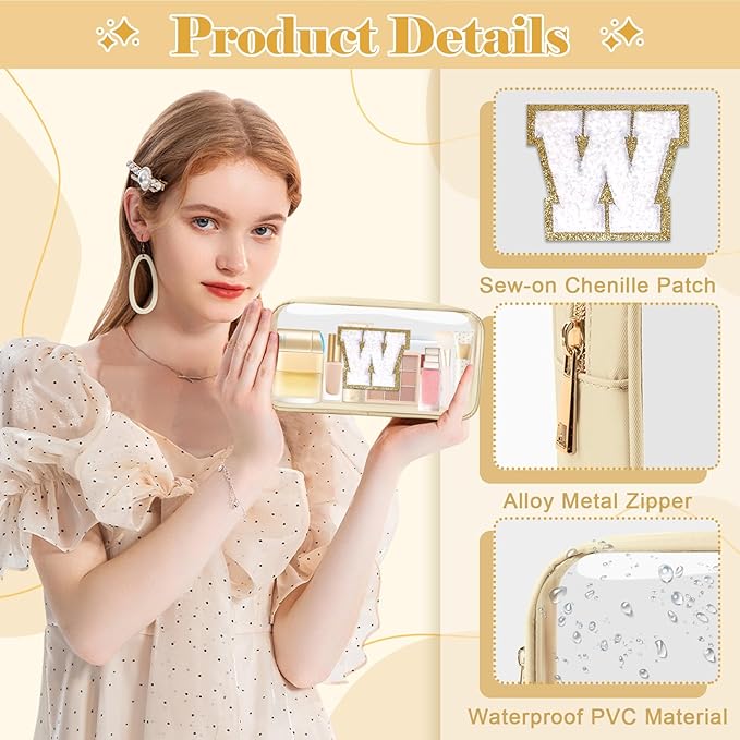 Personalized Initial Letter Clear Makeup Bag,Preppy Small Nylon&PVC Cosmetic Zipper Bag with Chenille Letter,Portable Beach Travel Skincare Toiletry Bag,Trendy Monogram Gift for Teen Girls Women,W