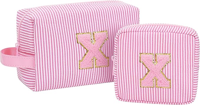 MONSTINA Personalized Initial Makeup Bag for Women,Make Up Case for Girlfriend Bridesmaid Wife,Birthday Gift for Her Cute Toiletry Bag,Pink X