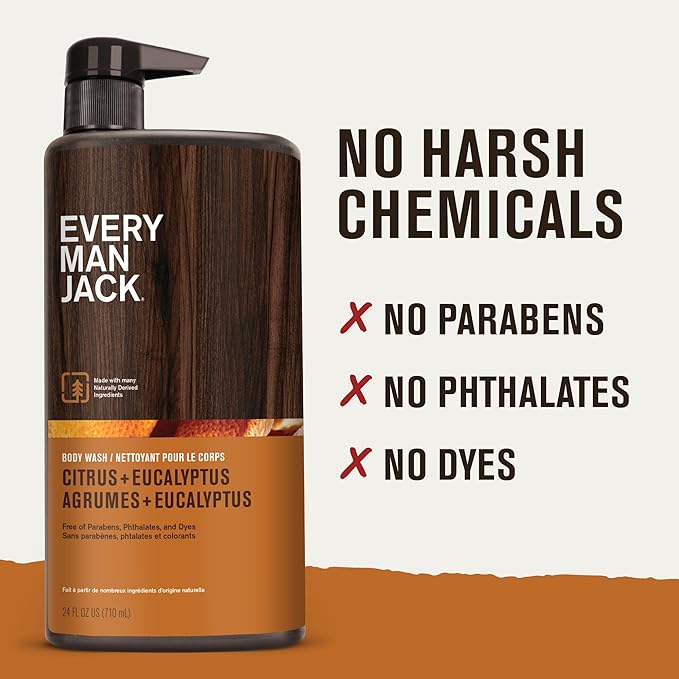 Every Man Jack Nourishing Citrus + Eucalyptus Mens Body Wash for All Skin Types - Naturally Derived Ingredients - Cleanse and Hydrate Skin with Coconut and Glycerin - 24 Fl Oz (2 Pack)