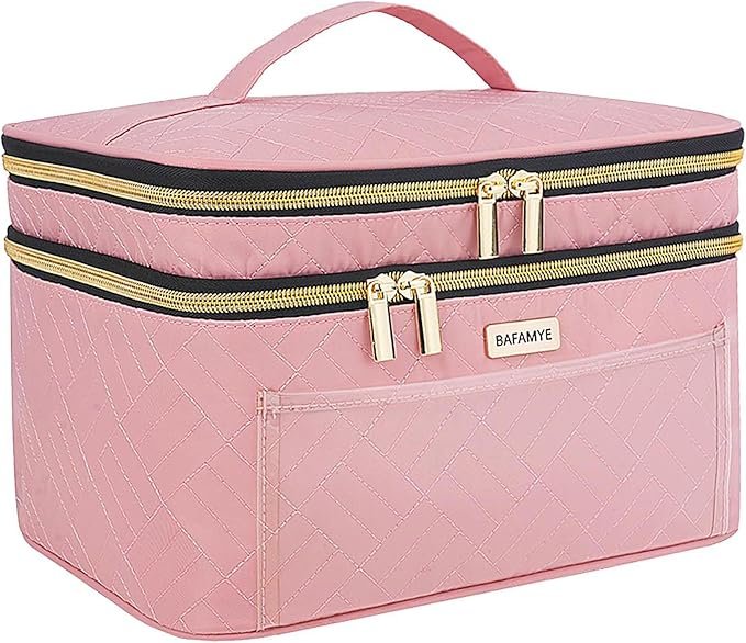 Double Layer Travel Makeup Bag for Women, Large Cosmetic Case Organizer with Makeup Brush Compartment, Portable Train Case Make Up Bag for Travel-Size