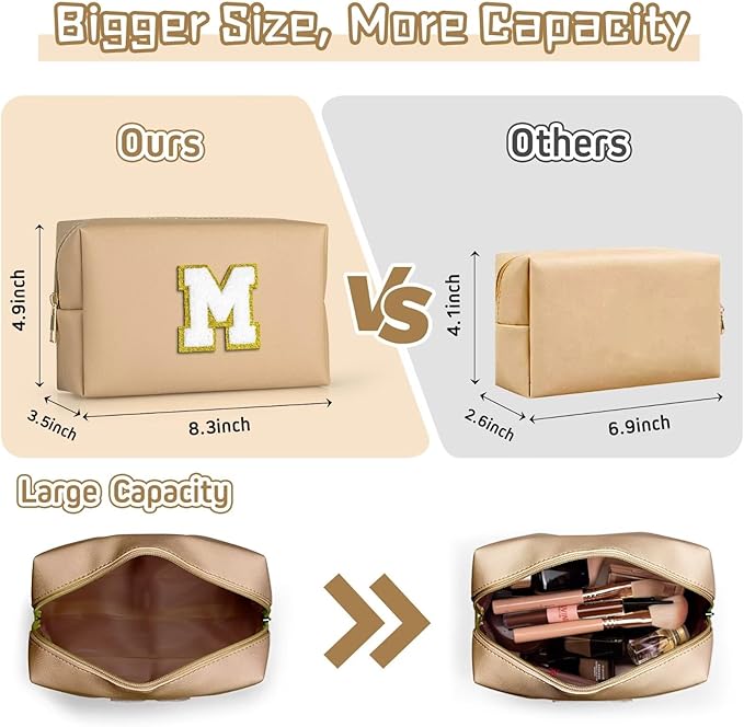 TOPEAST Preppy Bag, Monogrammed Makeup Bags with Zipper, Cute Makeup Pouch, Initial Birthday Gifts Bag for Daughter Friends Sister, Preppy Things for Girls (Khaki H)