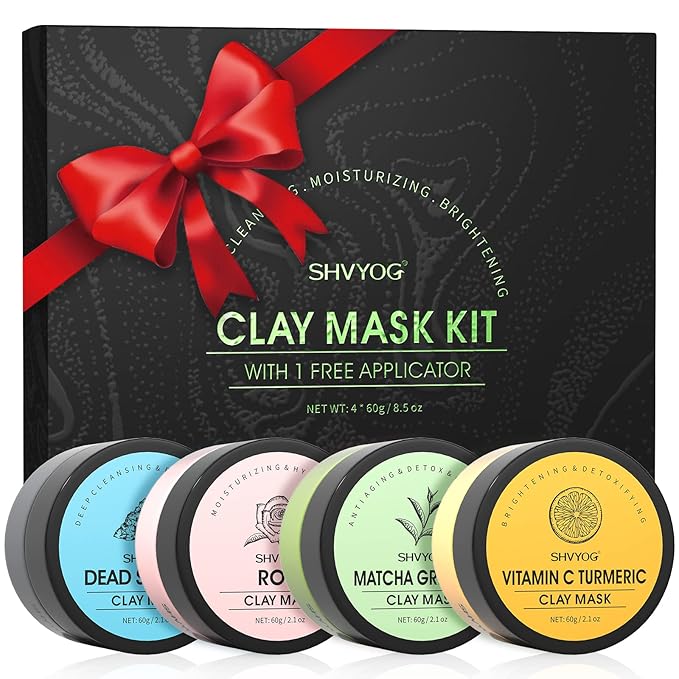 4 Pcs Clay Facial Mask Set - Turmeric, Vitamin C, Green Tea, Dead Sea Mud, and Rose Clay Skin Care Mask for Deep Cleansing, Moisturizing, and Refining Pores - 240g