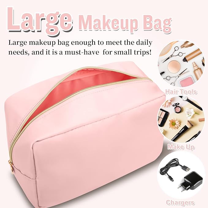 Nylon Large Makeup Bag Travel Pouch for Women, Preppy Big Pink Makeup Bag Cute Cosmetic Zipper Pouch Purse, DIY Chenille Letter Bag Waterproof Toiletry Bag Clutch Makeup Organizer for Women Girl(Pink)