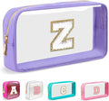 Small Clear Personalized Initial Makeup Bag, Preppy A-Z Chenille Letter Patch Cosmetic Bag, Cute Transparent Nylon Waterproof Zipper Beach Varsity Letter Pouch, Gift for Women Girls(Purple-White Z)