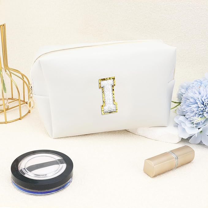 Gifts for Girls Initial Makeup Bag Personalized Cosmetic Bag with Zipper Cute Travel Toiletry Bags Waterproof PU Preppy Makeup Pouch Birthday Gift for Teen Girls Women(White I)