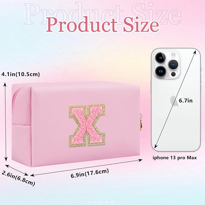 Small Personalized Glitter Initial Letter Makeup Bag, Cute PU Leather Chenille Letters Cosmetic Bag Travel Makeup Pouch, Preppy Travel Organizer Zipper Pouch for Women&Girls（PinkPink-X）