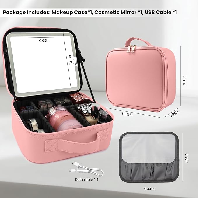 Travel Makeup Bag with LED Mirror Makeup Case with Light Up Mirror Portable Cosmetic Brush Organizer Bag with Adjustable Dividers for Cosmetics Makeup Brushes Toiletry (Pink)