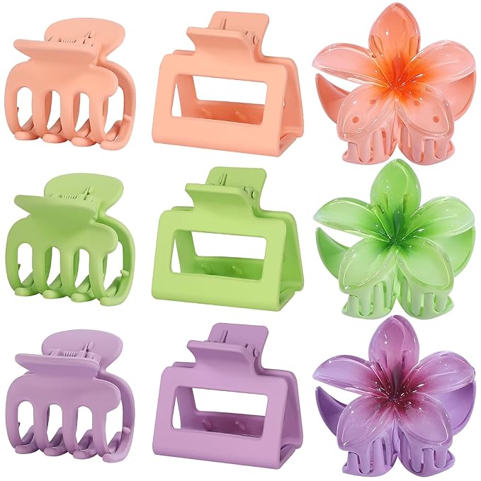 3 Styles Medium Hair Clips for Women 9 Pcs Small Claw Clips for Thin Hair Flower Hair Clips for Thick Hair Square Hair Claw Clips for Girls Hawaiian Plumeria Hair Accessories for Women (Purple)