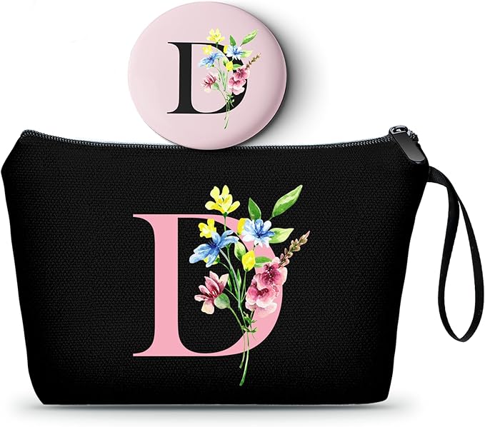 SEAMOON Women Birthday Unique Initial Funny Gifts for Teenage Girl Sister Friends Bridesmaid Personalized Travel Make up Cosmetic Bag with Mirror Valentines Mothers Day Christmas Graduation D