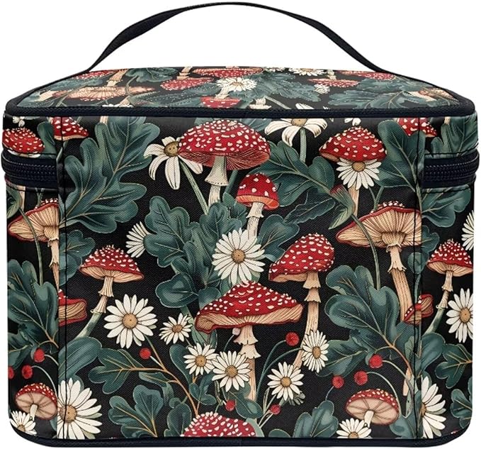 JoyLamoria Bright Mushroom Daisy Travel Makeup Bag Portable Cute Brush Bag Toiletry Bag for Women