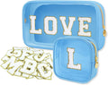 2PCS Personalized Preppy Makeup Bag Set, Small Makeup Pouch & Large Cosmetic Bag, Premium 26 Chenille Letters, Cute Skincare Bag, Birthday Gifts for Girls Woman (Blue)
