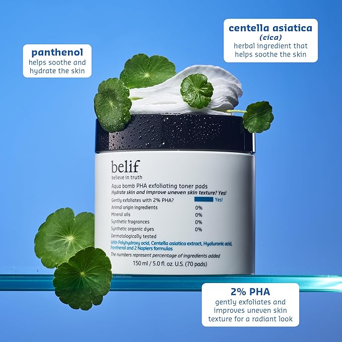 belif PHA 2% Toner Pads – Gentle Exfoliating Facial Polish for Pore Care, Hydrating & Soothing with Panthenol & Cica, Double-Sided Texture, Ideal for Sensitive Skin, Korean Skincare (70 Pads)