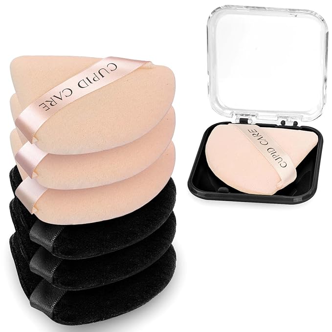 6 Pcs Triangle Powder Puff with 2 Travel Cases, Setting Powder Puffs for Face Powder and Foundation, Velour Makeup Puff for Loose Powder Body Powder, Skin-Friendly, Beauty Makeup Tools