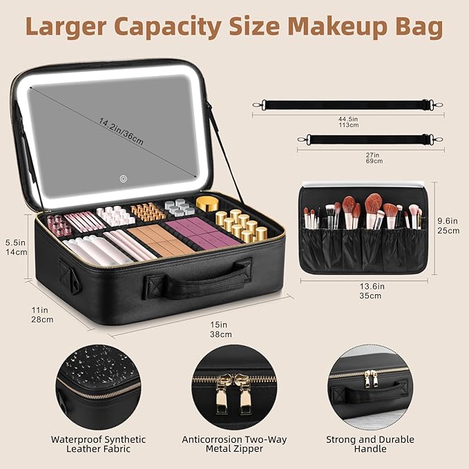 15''X11'' Large Capacity Makeup Bag with LED Mirror, Professional Makeup Case Organizer with 3 Color Light Adjustable Brightness, Travel Make up Cosmetic Case with Detachable Dividers & Shoulder Strap