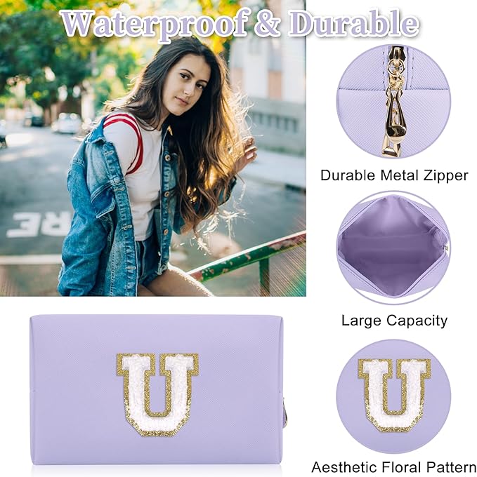 Personalized Initial Letter Patch Makeup Bag, Preppy Small Chenille Letter Cosmetic Bag with Zipper, PU Leather Waterproof Travel Toiletry Bag Monogram Make Up Pouch for Women Girls(Letter U)