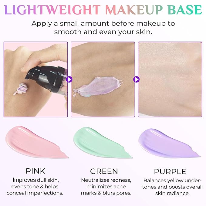 Primer for Face Before Makeup, 3 In 1 One Step Color Corrector Primer, SPF 50 PA+ Sunscreen Isolation Cream, Hydrating, Oil Control Facial Serum Even Skin Tone, Water-Resistant & Sweat-Proof
