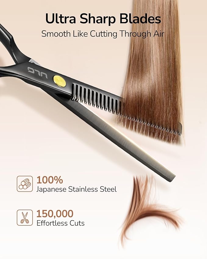 ULG 6.5'' Professional Texturizing & Thinning Shears with PU Leather Case, Ultra Sharp Japanese Stainless Steel, Ambidextrous Ergonomic Handle for Barbers, Stylists, Salon & Home Use, Black