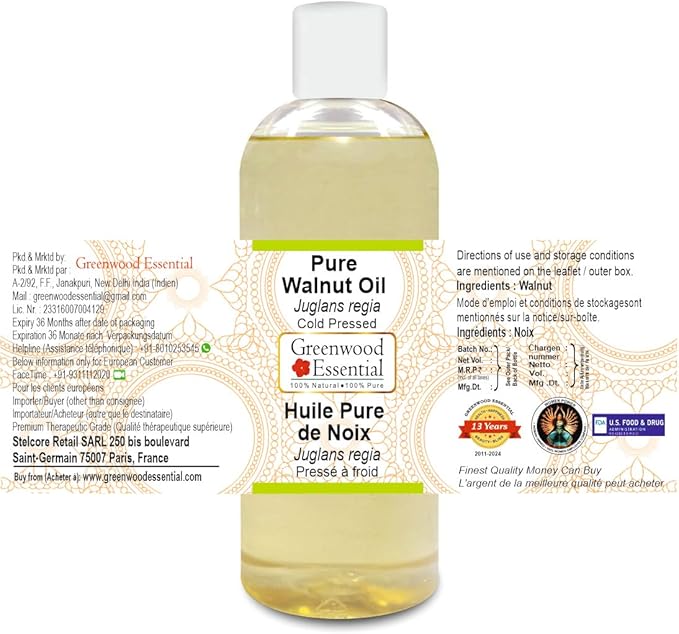 Greenwood Essential Pure Walnut Oil (Juglans regia) Cold Pressed 200ml (6.76 oz)