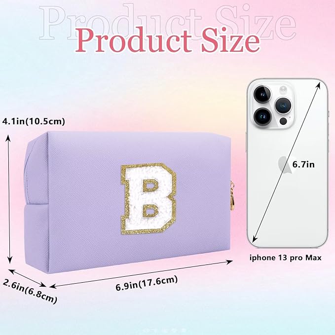 Small Personalized Letter Makeup Bag, Cute PU Leather Chenille Letters Cosmetic Bag Travel Makeup Pouch, Preppy Travel Organizer Zipper Pouch for Women&Girls（Purple-B）