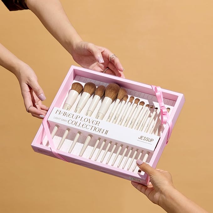 Jessup Makeup Brushes 14Pcs Makeup Brush Set Premium Synthetic Powder Foundation Contour Blush Concealer Eye Shadow Blending Liner Make Up Brush Kit Light Grey with Gift Box, T329-G