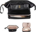 Monogrammed Gift for Women Girls, Initial Makeup Bag, Personalized Double Layer Cosmetic Bag with Makeup Brush Organizer, Large Capacity PU Leather Travel Toiletry Bag, Sister Gifts