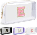 Personalized Initial Letter Clear Makeup Bag,Preppy Small Nylon&PVC Cosmetic Zipper Bag with Chenille Letter,Travel Skincare Toiletry Bag,Monogram Christmas Gift for Teen Girls Women,E