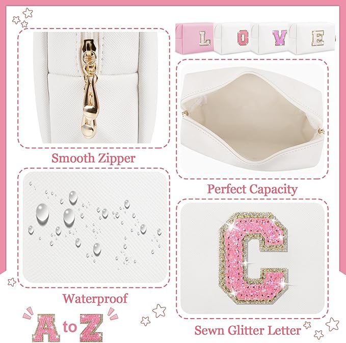 Personalized Initial Letter Makeup Bag, Preppy Glitter Letter Patch Cosmetic Pouch Zipper,PU Waterproof Travel Toiletry Bag Cute Makeup Organizer Monogrammed Make Up Bag,Gift for Women Girls