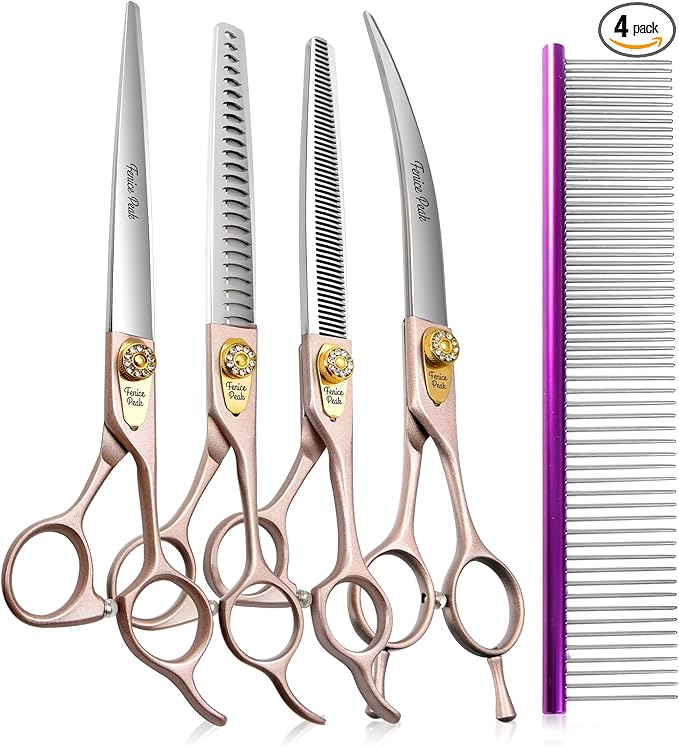 Fenice Peak 7‘’ Professional Dog Grooming Scissors Set Rose Gold 440C Stainless Steel Straight Thinning Curved Chunker Shears 4pcs Set for Pet Grooming Services Dogs and Cats